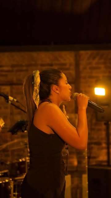 A singer performs on stage, microphone in hand under warm lights